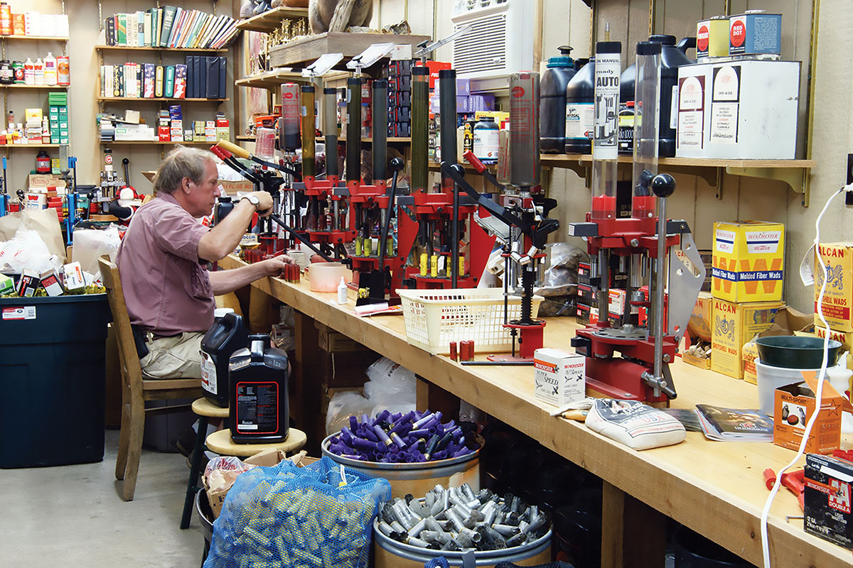 Ralph Gates of Columbia, Missouri, is a serious skeet shooter and shotshell reloader. For convenience, he has a dedicated station for every type of shotshell he loads.